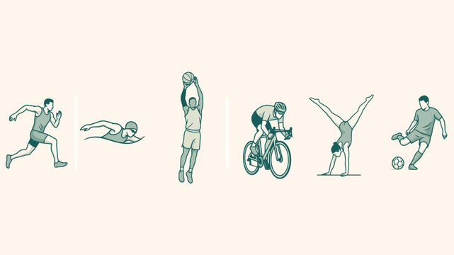 Versatile array of athletic figures showcasing various disciplines including sprinting, swimming, basketball, cycling, gymnastics, and soccer, flat vector illustration layout