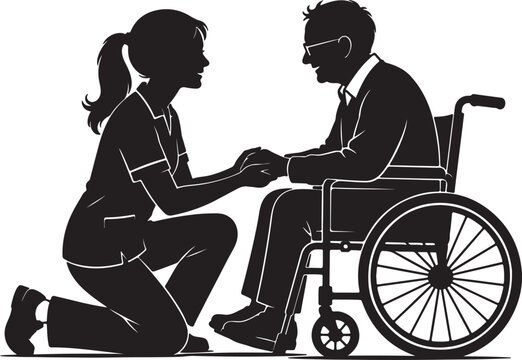 Silhouette of a nurse holding hands with an elderly man in a wheelchair Vector