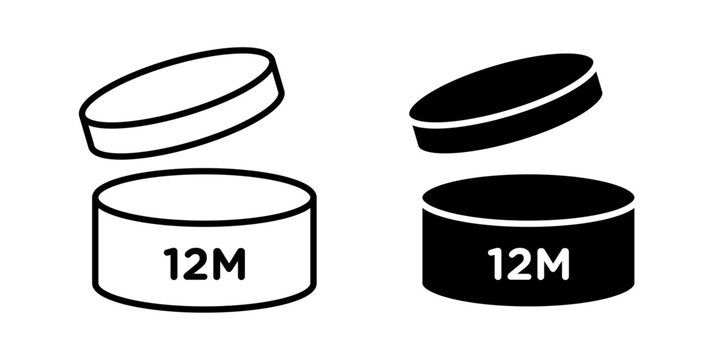 12M Icon represents a twelve-month product period, shelf life, and packaging information with an editable outline vector illustration.