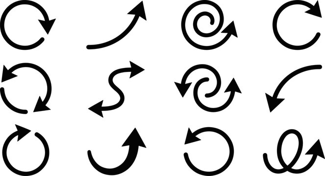 Thin line arrow icons set featuring spiral and circular motion stroke designs