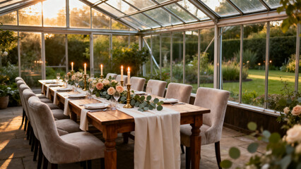 Obraz premium Modern glass greenhouse in a landscaped garden transformed into a small event venue, long tables, candles, floral accents and elegant seating. Chamber wedding in nature, in a greenhouse.