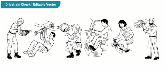 Obraz premium Car mechanic drivetrain repair vector set of technicians servicing car gearbox, driveshaft, differential, and axle components in black and white line art style for automotive garage workshop manual.