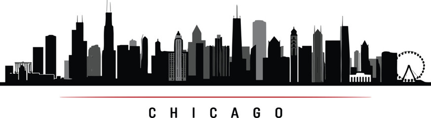 Obraz premium Chicago city skyline silhouette with skyscrapers and Ferris wheel for urban design, travel, and commercial illustration use