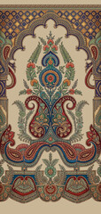 Traditional ethnic kurti front panel design, intricate Mughal arch and floral paisley motif for digital textile print. © jayanti