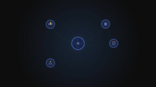 Futuristic blue technology network diagram with digital database and data storage icons
