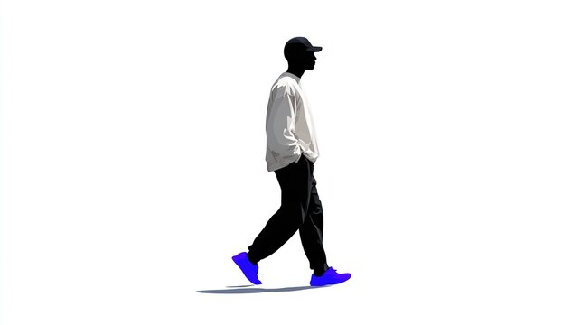 Casual Stroll: A young man wearing a baseball cap, white long-sleeved shirt, and dark pants walks casually with his hands in his pockets, casting a subtle shadow on the ground.