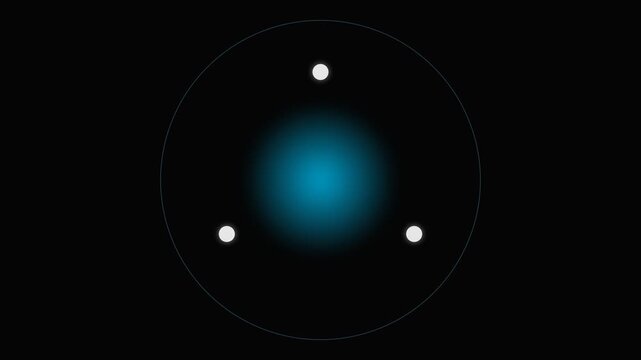 A glowing blue sphere surrounded by three white dots on a black background