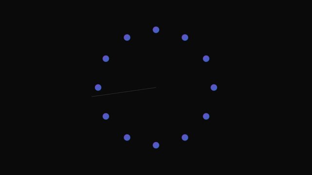Minimalist clock face display with blue circular markers on a black background