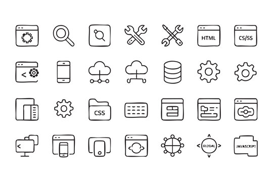 Web Development Line Icons with HTML, CSS and JavaScript Programming Symbols