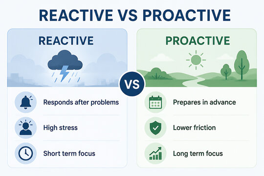 A comparison graphic illustrates the differences between reactive and proactive approaches to life or work.