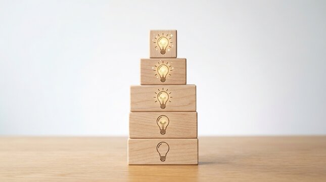 Five wooden blocks stacked in pyramid formation with illuminated lightbulb icons symbolizing creativity innovation progress leadership and brilliant business ideas.