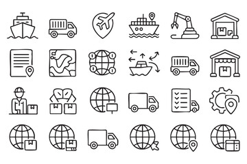 Fototapeta premium Global Logistics Line Icons with Cargo Shipping, Warehouses and Delivery Trucks