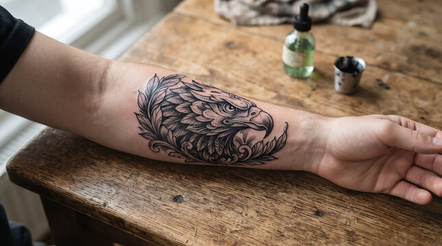 Detailed Egale Head Tattoo on Adult Forearm Close Up