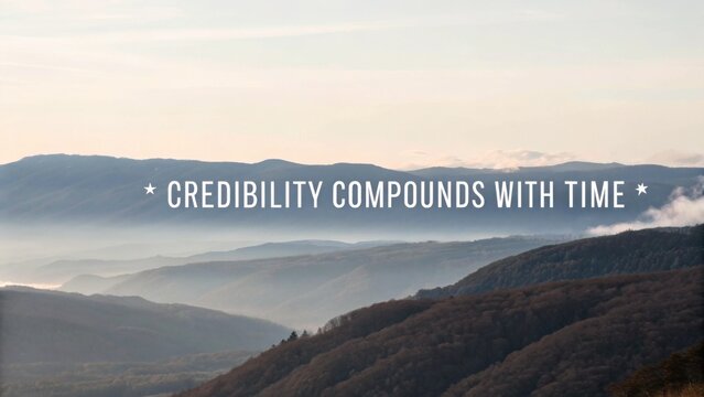 Serene Mountain Landscape Under Soft Morning Light with Inspiring Quote About Credibility and Time
