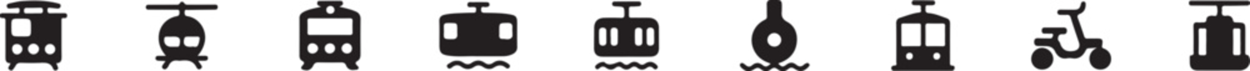 Black and white transportation icons including train bus submarine and helicopter on white background © Md. Habibur