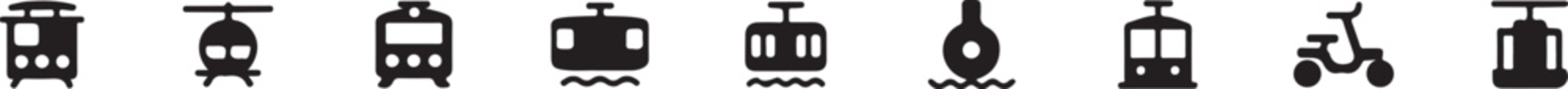 Black and white transportation icons including train bus submarine and helicopter on white background