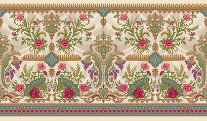 Seamless ornamental floral border pattern with gold details and pink flowers © jayanti