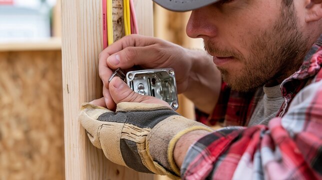 Medium shot of newwork nonmetallic electrical box being installed inside a wall stud for upcoming wiring connections in residential construction.