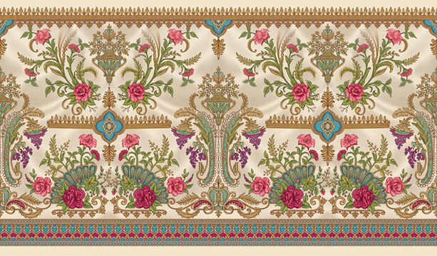 Seamless ornamental floral border pattern with gold details and pink flowers