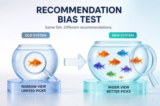 Website hero recommendation bias test concept with fish bowls