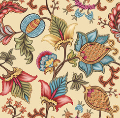 Vintage Jacobean floral seamless pattern, traditional chintz style botanical textile motif on teal background. © jayanti
