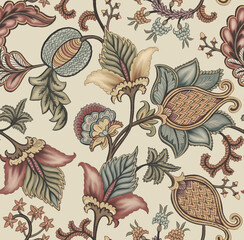 Vintage Jacobean floral seamless pattern, traditional chintz style botanical textile motif on teal background. © jayanti