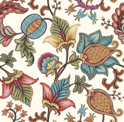 Vintage Jacobean floral seamless pattern, traditional chintz style botanical textile motif on teal background. © jayanti