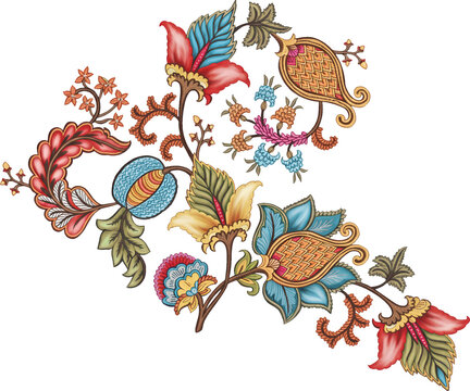 Vintage Jacobean floral seamless pattern, traditional chintz style botanical textile motif on teal background.
