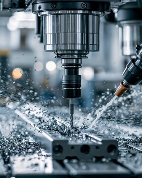 Medium shot of CNC machines precisely drilling and cutting long wheelbase frame rails surrounded by flying metal chips and coolant splashes in a hightech industrial setting.