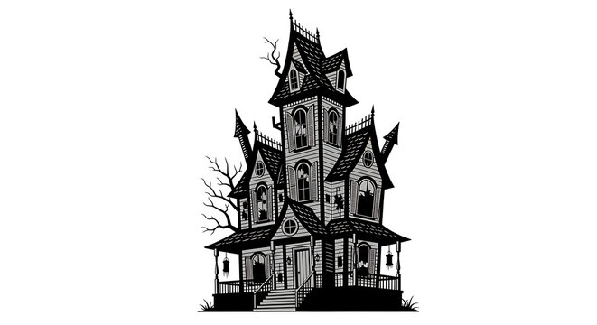 Black and white spooky haunted house silhouette illustration
