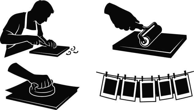 Linocut printmaking process vector icon set featuring artist carving linoleum block, applying ink with roller, pressing, and drying prints