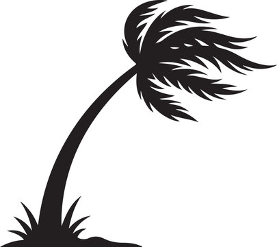 Solid black silhouette of a palm tree bending in the wind, isolated on a white background, tropical storm or windy weather