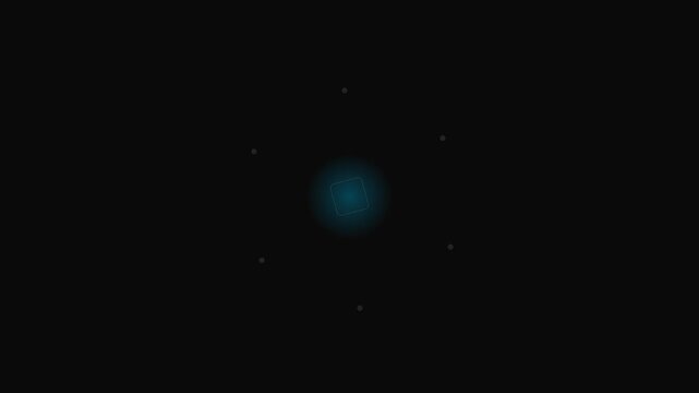 A glowing blue atom model floating against a deep solid black background