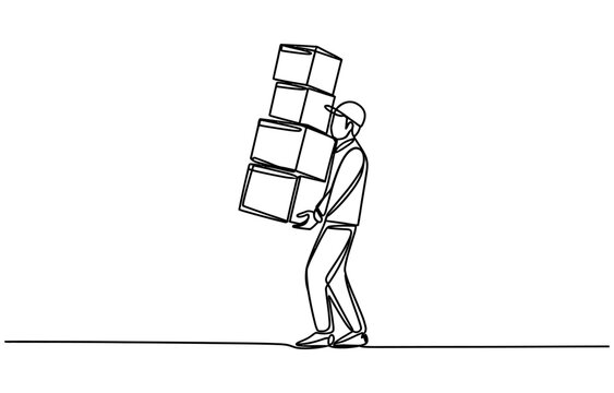 Continuous single line drawing of a delivery man carrying a stack of cardboard boxes isolated on a white background Vector, illustration