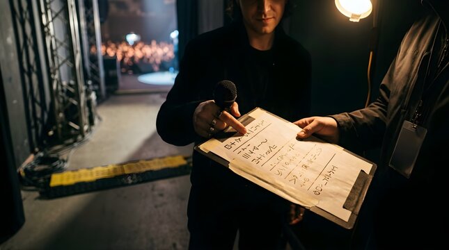 Concert manager reviewing setlist schedule with performer backstage