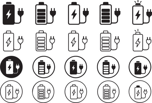 Set of black and white battery charging icons with electrical plugs Vector