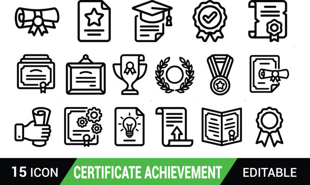 Set of fifteen black line icons for education certificate and academic achievement rewards isolated on transparent background, Vector