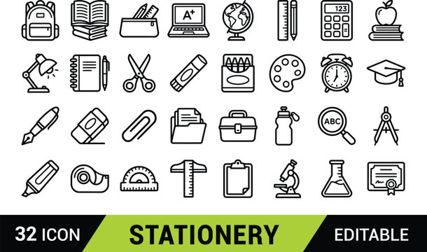 Set of thirty two simple black and white school stationery and education icons for design isolated on transparent background, Vector
