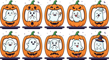 Naklejka premium Cute Halloween Ghost and Pumpkin Character Set with Spooky Seasonal Expressions for Kids Party Decorations, Cards, and Festive Digital Vector Designs