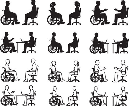 People in wheelchairs talking with office workers in a meeting set Vector