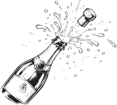 Hand drawn champagne bottle popping with festive splashing bubbles Vector