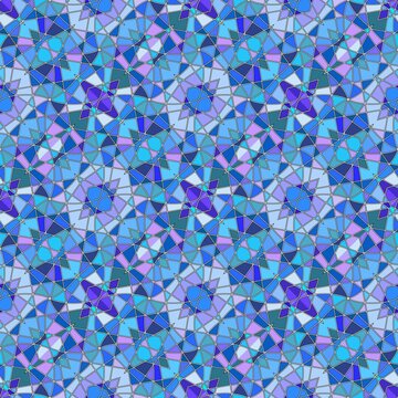kaleidoscope-inspired repeat pattern, geometric textile pattern, sparkling stained glass-like seamless pattern
