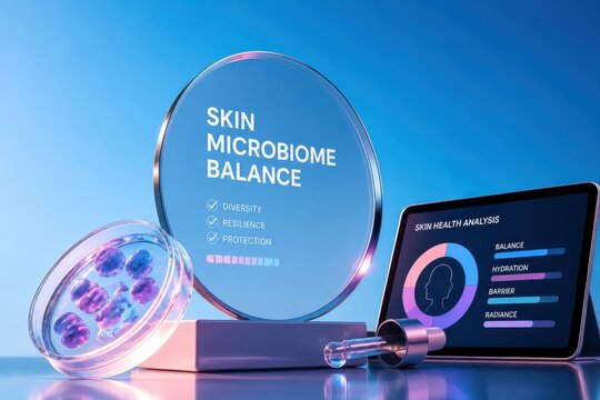 Skin microbiome balance concept with futuristic skincare analysis and medical dashboard