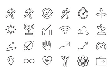 Fototapeta premium Fitness and Performance Line Icon Set with Running, Speed and Growth Symbols