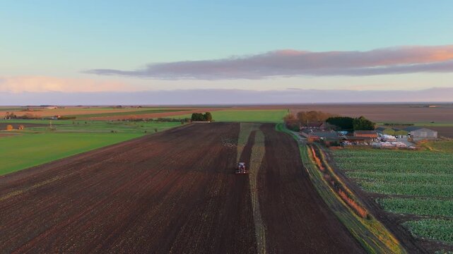 Ideal for farming. Village at sunset with new crops on farmland fields winter, Wainfleet, Lincolnshire