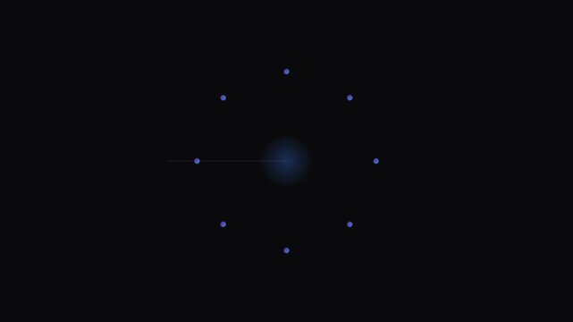 Minimalist blue glowing atom model isolated on a solid black background