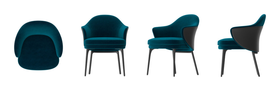 Modern teal velvet armchair with black accents and slim metal legs