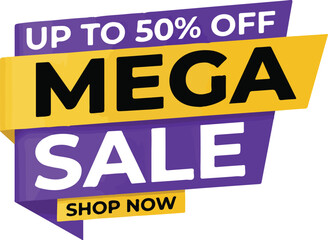 Fototapeta premium Mega sale promotional graphic banner with fifty percent off discount text and shop now button discount promotion marketing shopping business advertisement