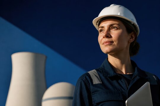 Female engineer in hard hat at power plant with copy space