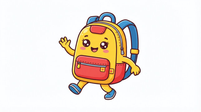 Cute cartoon backpack character vector illustration with funny smiling face expression for kids school mascot design